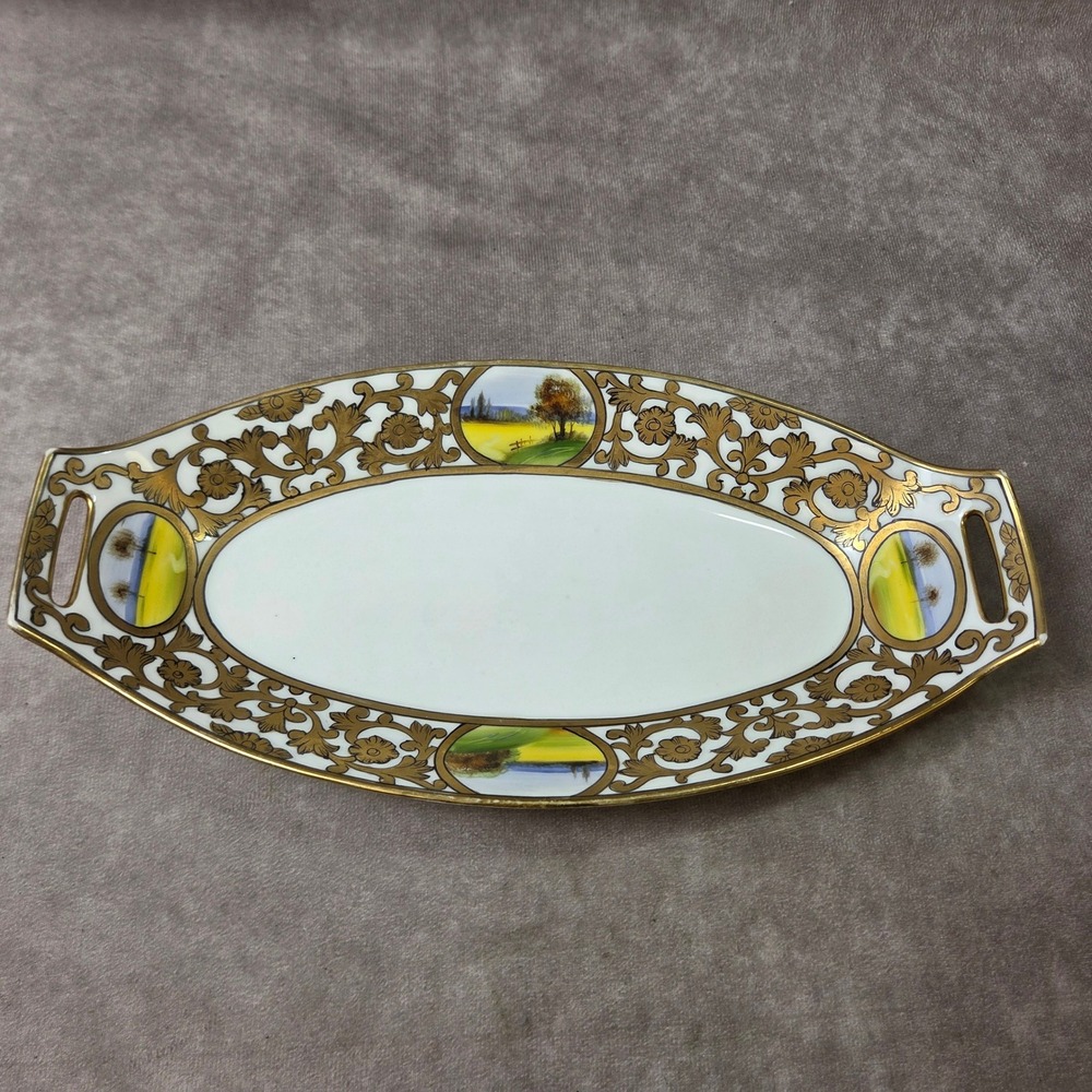 Antique Nippon Hand Painted Porcelain Celery Tray Gold Moriage Landscape M Stamp